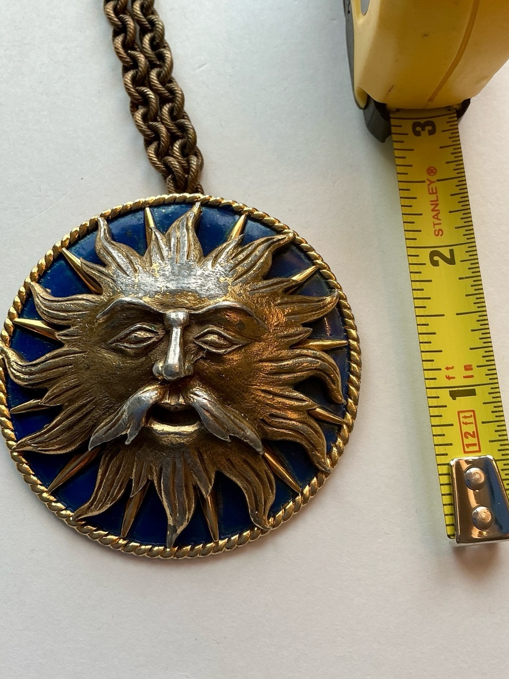 VTG 2” Big JOMAZ Joseph Mazer Brutalist Sun Face Enamel Medallion Necklace MCM